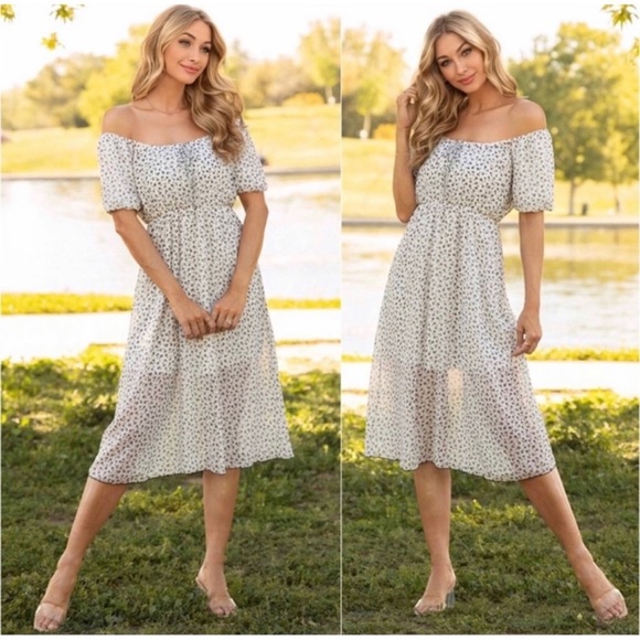 đź–¤New White Black Floral Print Off Shoulder Spring Summer Cute Midi Dressđź–¤ - Picture 2 of 5